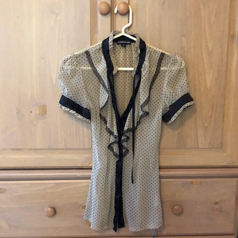 Warehouse 12(40) Blouse. Cream with black polka dots and accents.